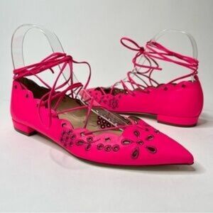 NWOT J. Crew Neon Pink Laser Cut Floral Motif Lace-Up Leather Flats.